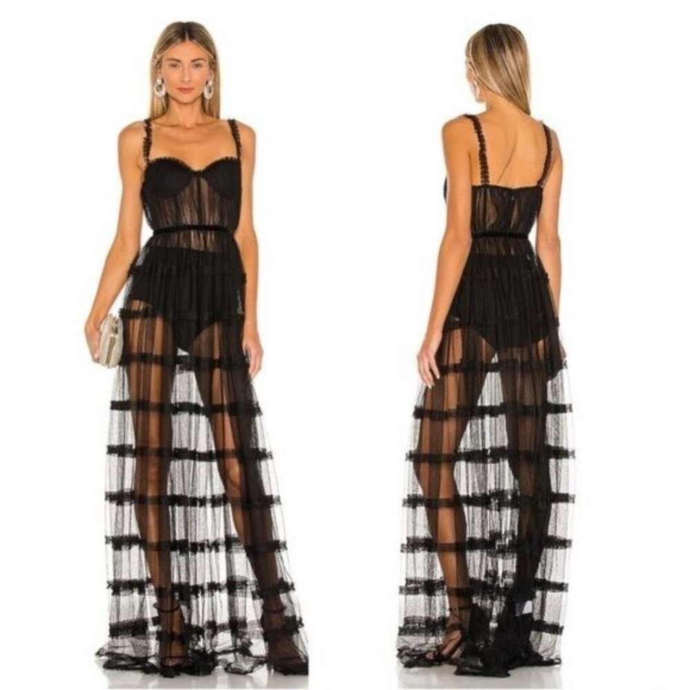 NWT Sau Lee Camille Tulle Ruffle Gown 4 Black Sheer Tiered Bustier Aline